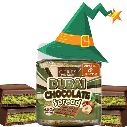 Jar of Dubai Chocolate Spread with a green elf hat on a white background