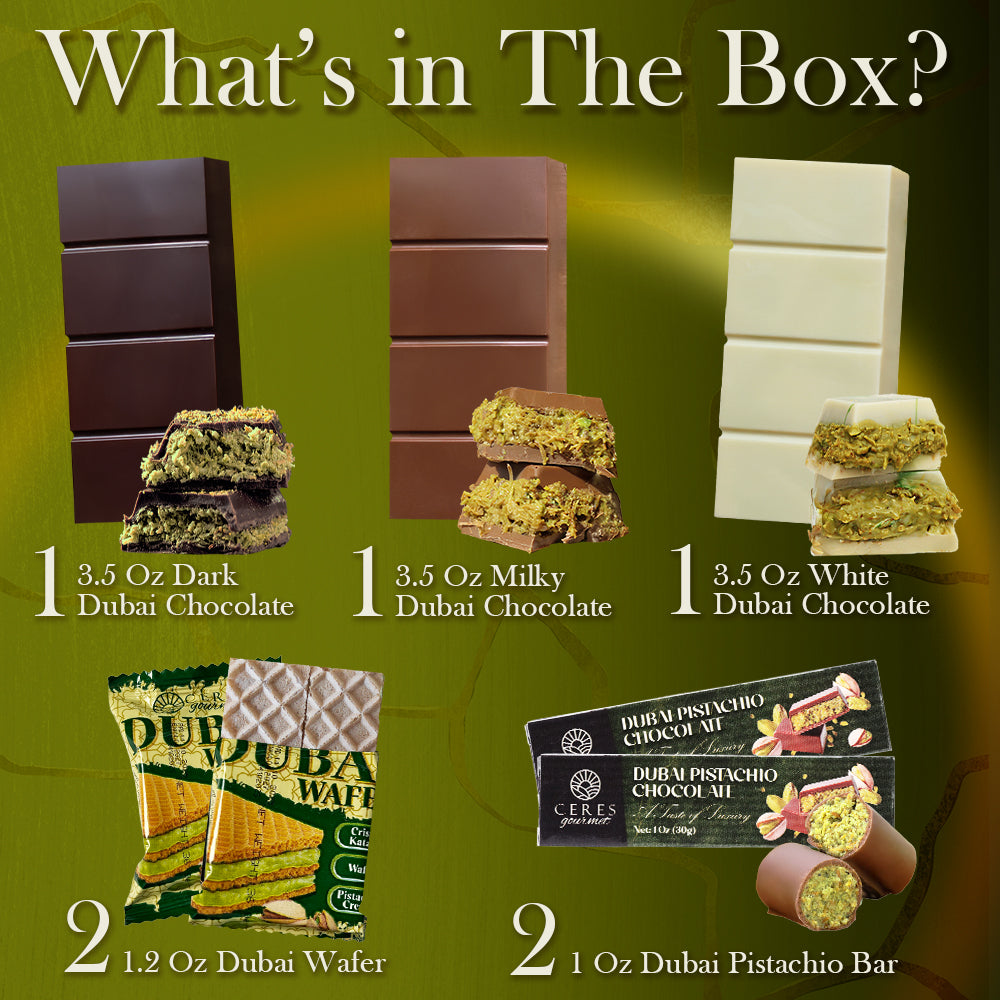 Promotional graphic of Dubai chocolate and related products with text 'What's in The Box?' on a green background.