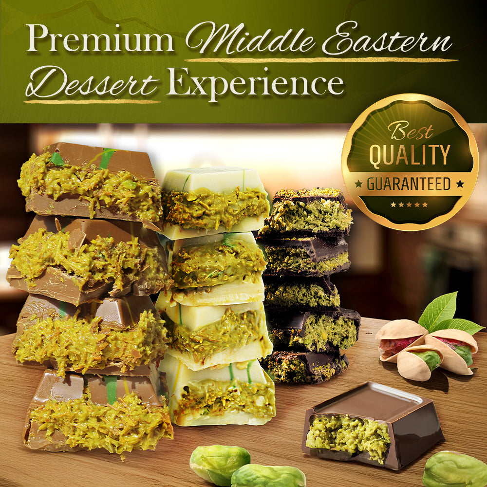 Ceres Gourmets Dubai Chocolate Variety Pack – 7-Piece with Gift Box is showcased, topped with chopped pistachios and displayed on wood with scattered pistachios. A gold “Best Quality Guaranteed” badge appears in the corner.