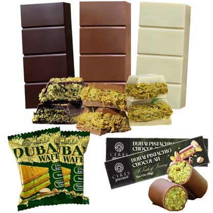 Collection of Dubaiba wafers, Ceres chocolate bars, and chocolate-covered pistachios on a white background