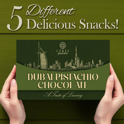 A person holds a green Ceres Gourmet Dubai Chocolate Variety Pack – 7-Piece Gift Box, featuring gold cityscape art and “A Taste of Luxury.” Above, bold text reads: 5 Different Delicious Snacks!.