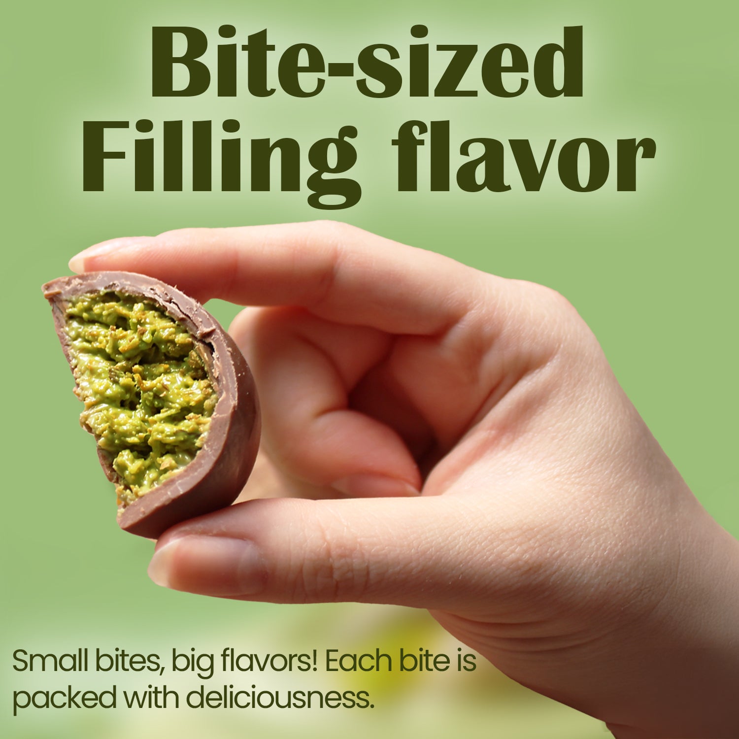A hand holds a half-eaten Ceres Gourmet Dubai Pistachio Kunafa Chocolate Bite-Size Ball with green pistachio filling. Text: “Small bites, big flavors! Each bite is packed with deliciousness.” Green background. 5.6 oz pack.