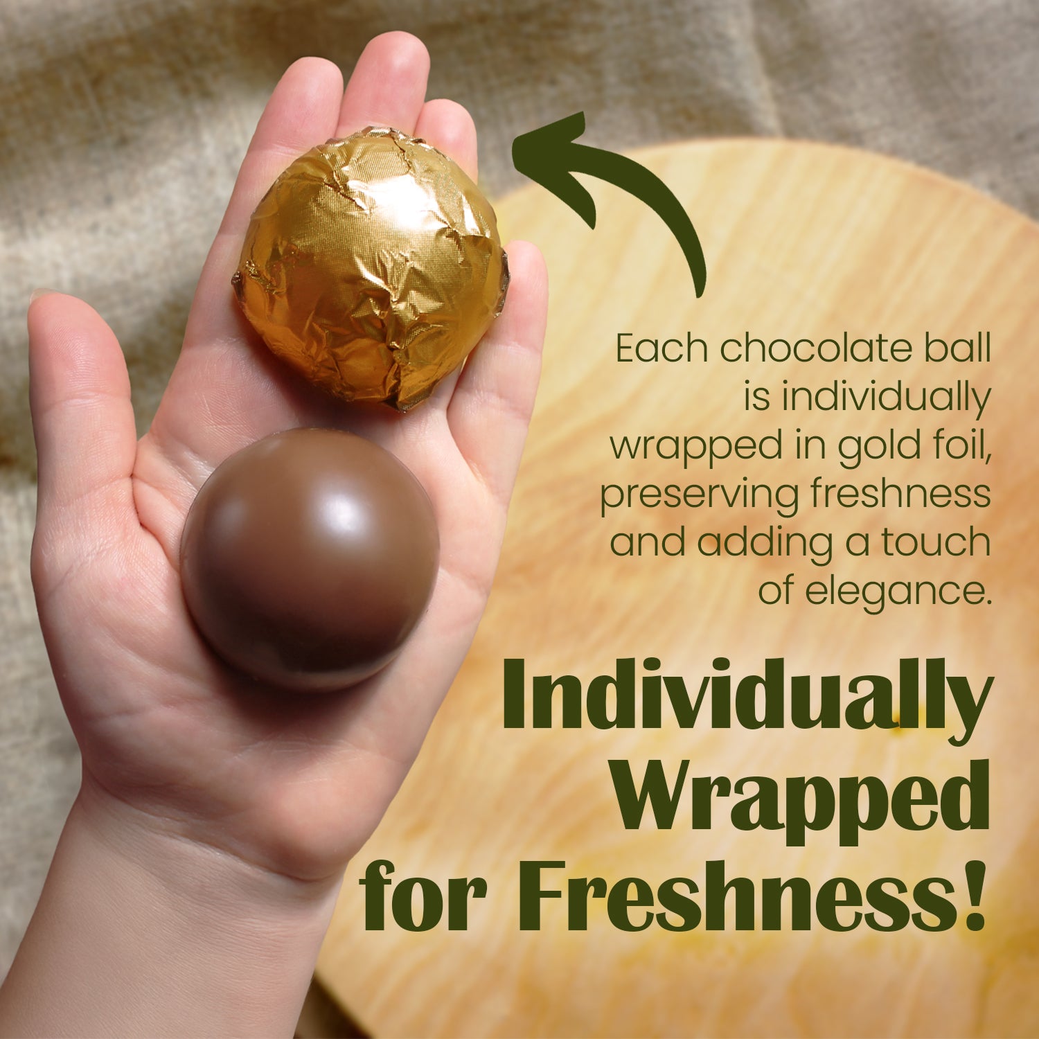 A hand holds two chocolate balls—one wrapped in gold foil, one unwrapped. Each Ceres Gourmet Dubai Pistachio Kunafa Chocolate Bite-Size Ball 5.6 Oz is individually wrapped for freshness, creating an elegant gourmet chocolate gift.