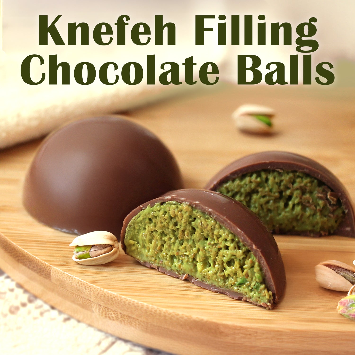 Ceres Gourmet Dubai Pistachio Kunafa Chocolate Bite-Size Balls (5.6 oz) are shown on a wooden board, one cut open to reveal the green pistachio kunafa filling. Pistachios are nearby—a true gourmet chocolate gift.