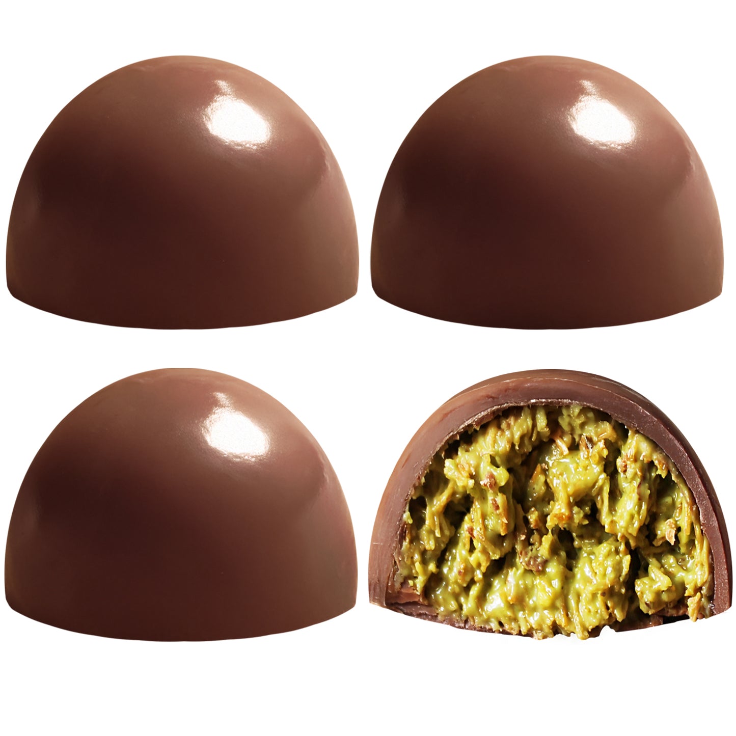 Four round chocolate domes from Ceres Gourmet are shown—three whole with glossy brown surfaces, and one revealing a creamy green pistachio filling. Enjoy as Dubai Pistachio Kunafa Chocolate Bite-Size Balls 5.6 Oz—a perfect gourmet gift.