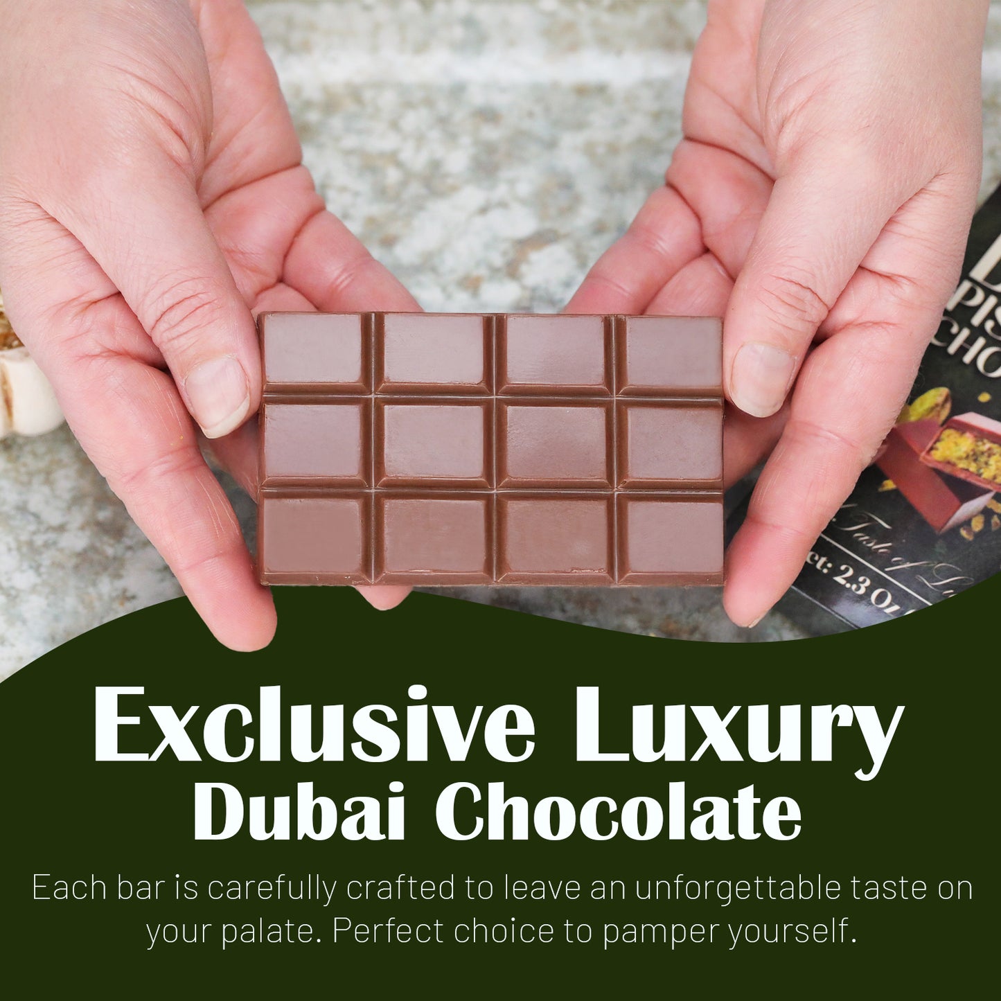 A person holds a Ceres Gourmet Dubai Chocolate Bar (2.3 oz each, 3-12-24-pack) above a green and white sign that reads Exclusive Luxury Dubai Chocolate with details on its craftsmanship and taste.