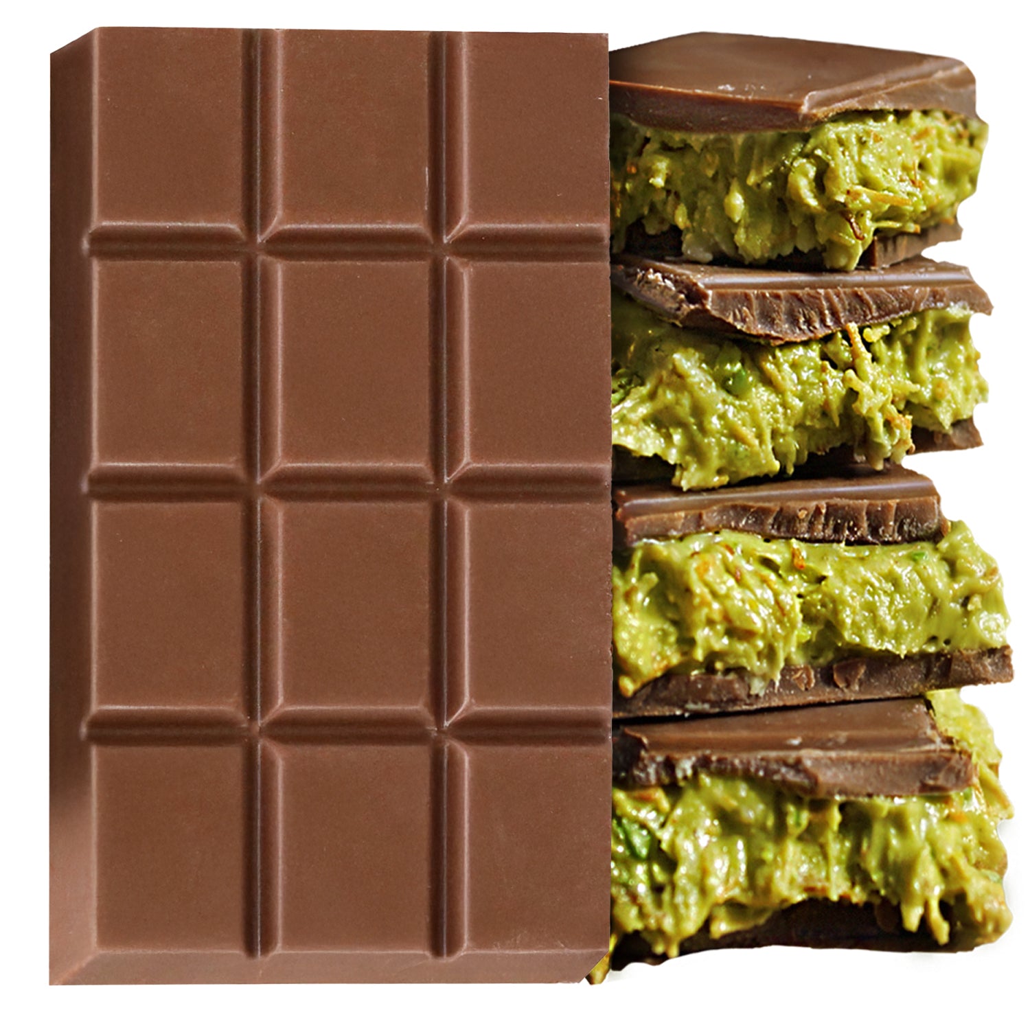 A Ceres Gourmet Dubai Chocolate Bar (2.3 oz) rests beside stacked Pistachio Chocolate pieces with a creamy green center, showcasing the contrast between solid chocolate and pistachio-filled varieties.