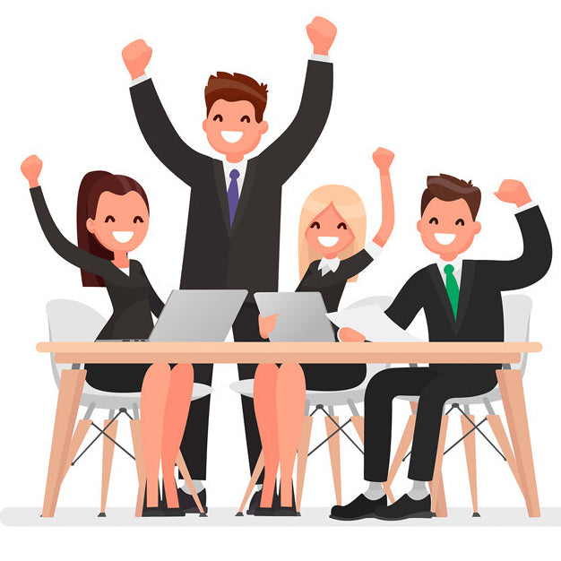 Illustration of four business people in formal attire sitting at a table with laptops, smiling and raising their arms in celebration, showing teamwork and success.