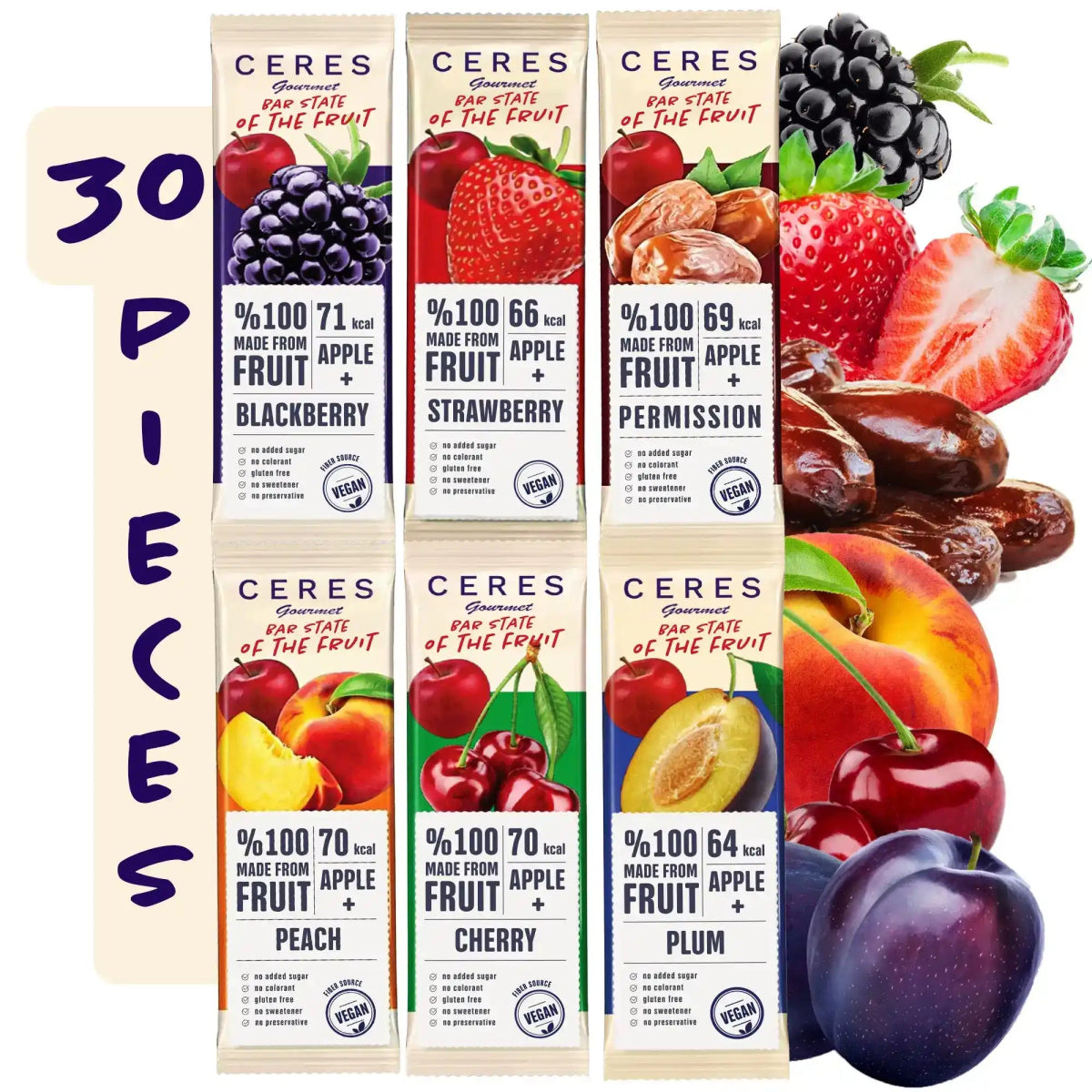 Thirty Ceres Gourmet Fruit Strips Variety Pack bars—vegan, gluten-free, and made with real fruit and no added sugar—are displayed with grapes, strawberries, blackberries, cherries, dates, peaches, plums, and apples. Perfect for fruit strip fans!.