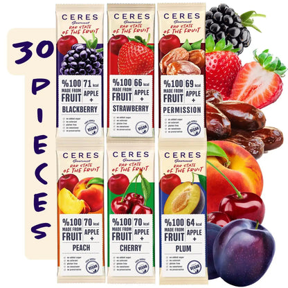 Thirty Ceres Gourmet Fruit Strips Variety Pack bars—vegan, gluten-free, and made with real fruit and no added sugar—are displayed with grapes, strawberries, blackberries, cherries, dates, peaches, plums, and apples. Perfect for fruit strip fans!.