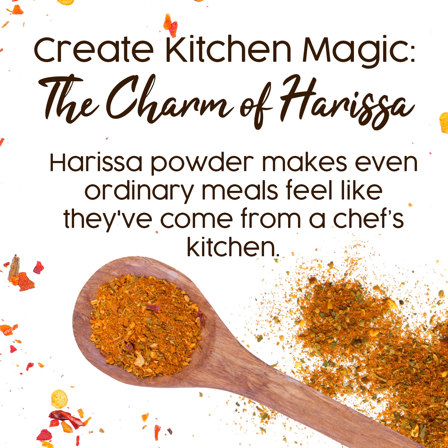 A wooden spoon holds Ceres Gourmet Harissa Seasoning Blend, 3.5 oz—a mildly spicy, aromatic North African powder—with scattered spices. Text: Create Kitchen Magic—this blend transforms everyday dishes into chef-worthy meals.