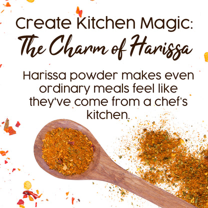A wooden spoon holds Ceres Gourmet Harissa Seasoning Blend, 3.5 oz—a mildly spicy, aromatic North African powder—with scattered spices. Text: Create Kitchen Magic—this blend transforms everyday dishes into chef-worthy meals.