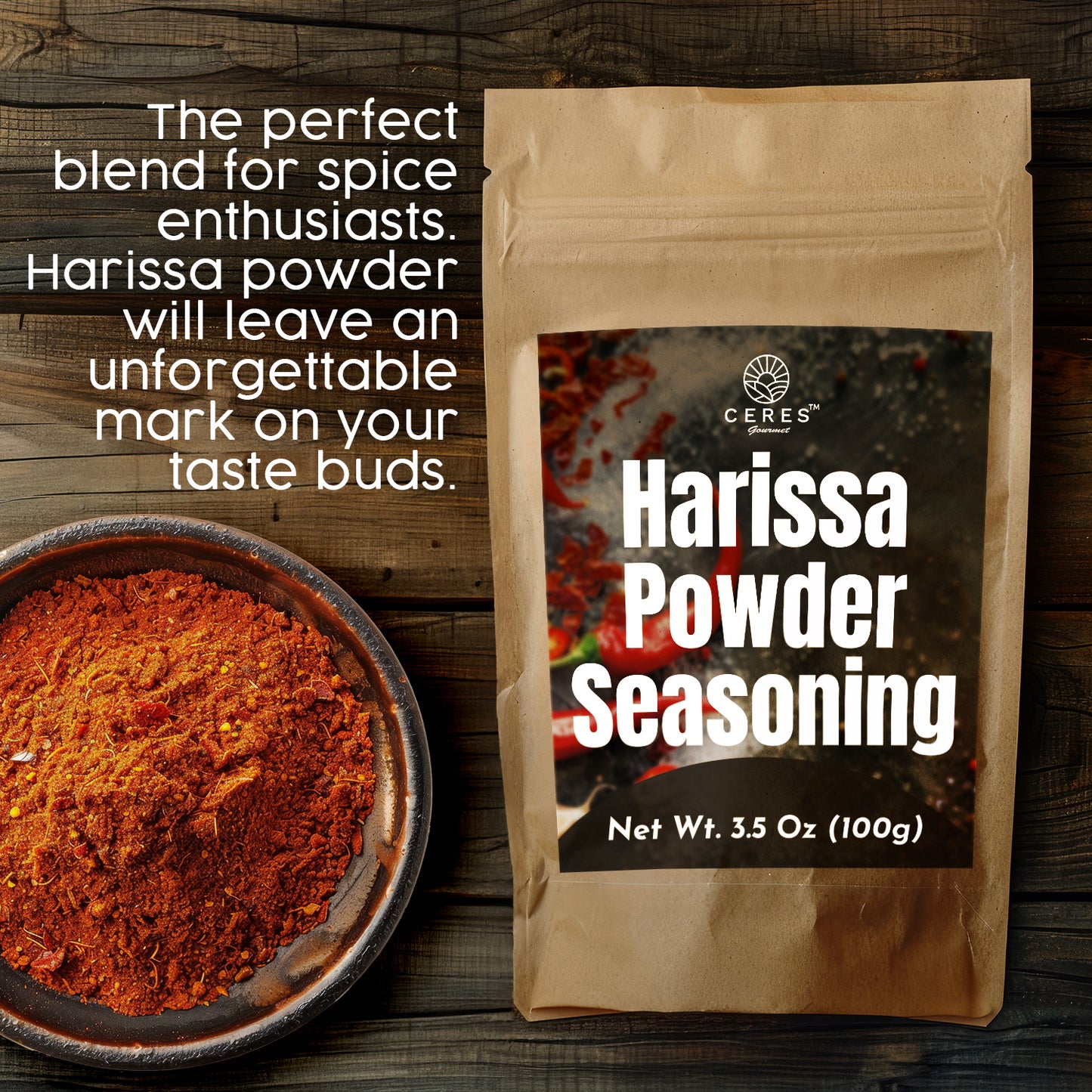 A brown pouch labeled Harissa Seasoning Blend, 3.5 oz by Ceres Gourmet rests on wood beside a bowl of red spice. Aromatic and mildly spicy, this North African mix delights spice lovers and leaves a memorable taste experience.