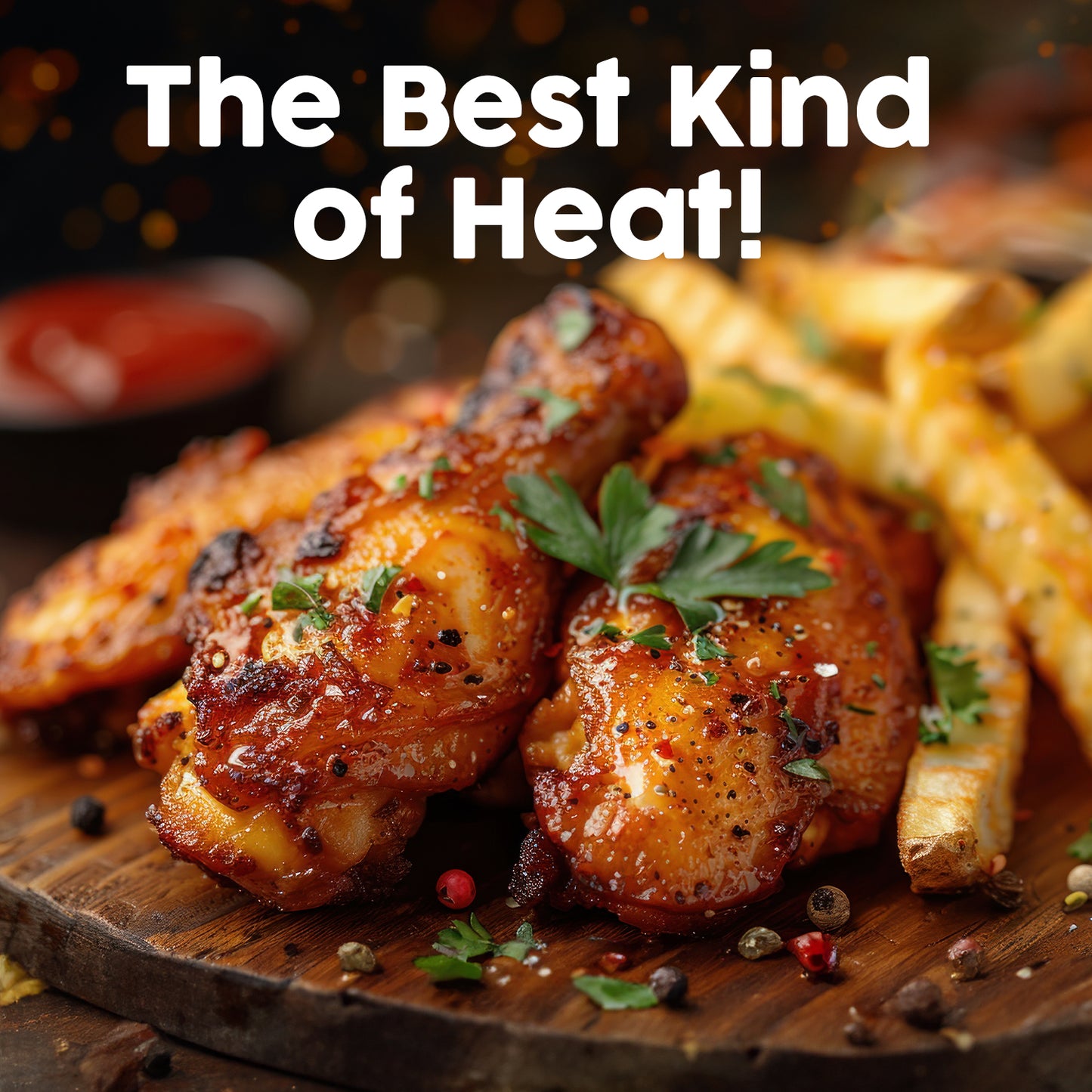Close-up of grilled chicken drumsticks coated with Ceres Gourmet Harissa Seasoning Blend, 3.5 oz, aromatic & mildly spicy harissa powder, garnished with parsley and served with crispy fries. The Best Kind of Heat! Small sauce bowl in background.