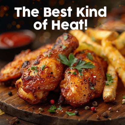 Close-up of grilled chicken drumsticks coated with Ceres Gourmet Harissa Seasoning Blend, 3.5 oz, aromatic & mildly spicy harissa powder, garnished with parsley and served with crispy fries. The Best Kind of Heat! Small sauce bowl in background.