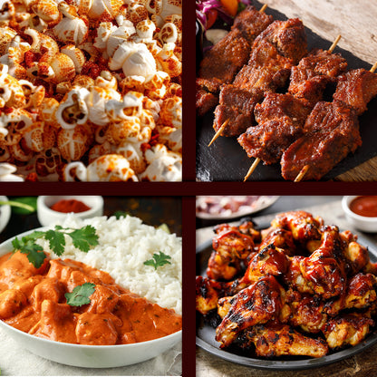 A collage of four foods: spiced popcorn with Ceres Gourmet Harissa Seasoning Blend, grilled meat skewers, chicken curry with rice, and glazed grilled chicken wings.