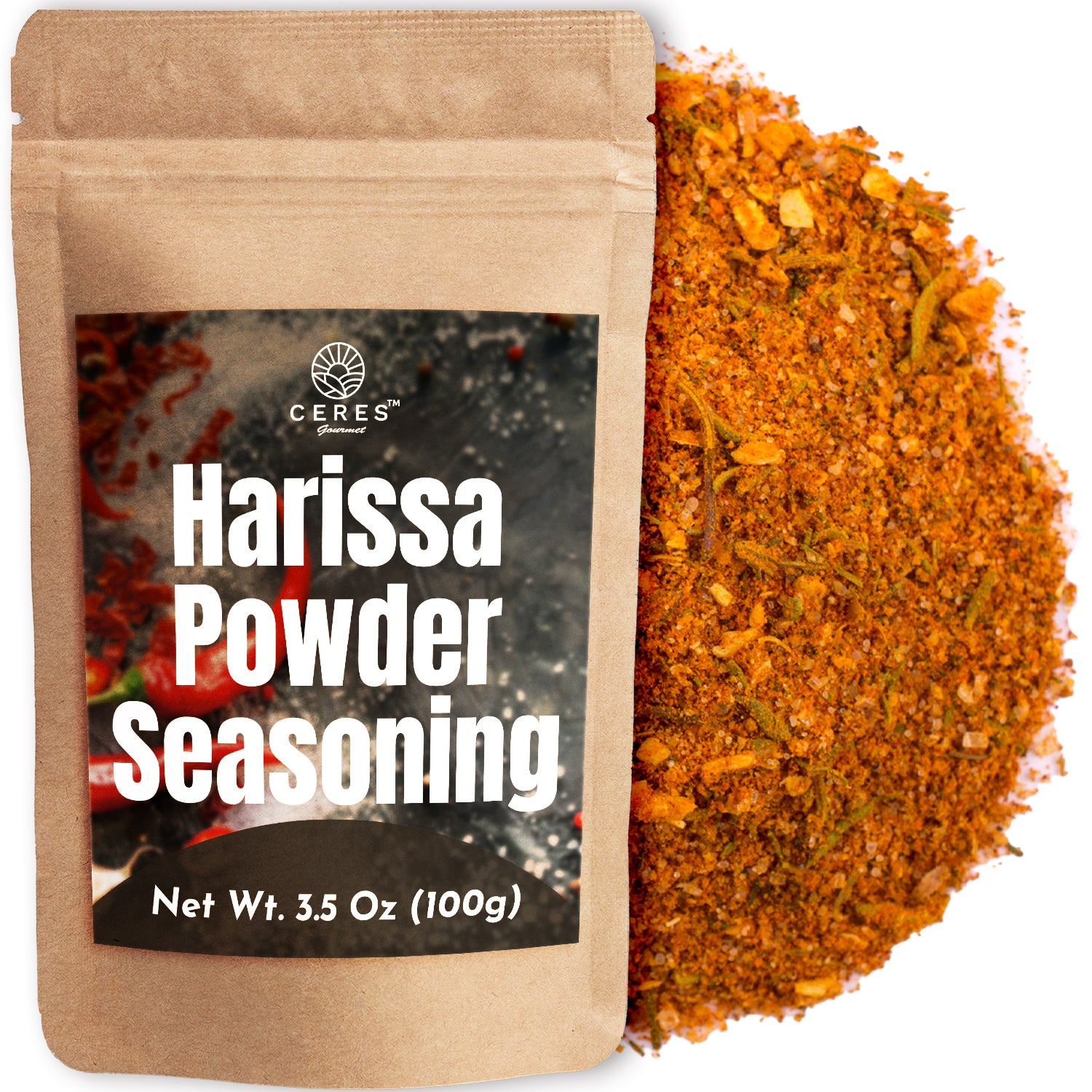 A Ceres Gourmet Harissa Seasoning Blend pouch (3.5 oz), labeled Aromatic & Mildly Spicy Harissa Powder, sits next to a pile of orange-red North African spice mix with visible dried herbs and spices.