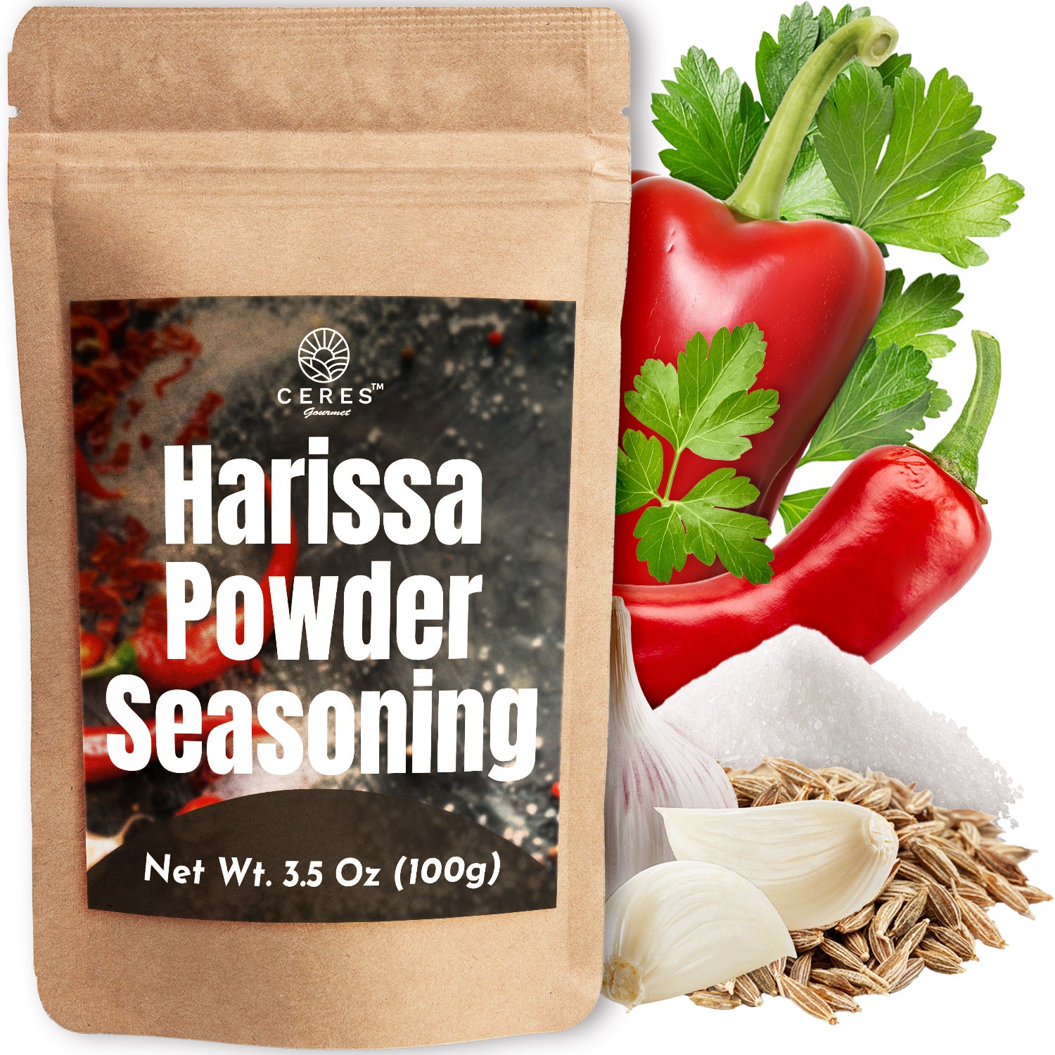 A pouch of Ceres Gourmet Harissa Seasoning Blend, 3.5 oz, Aromatic & Mildly Spicy Harissa Powder sits beside fresh red chili peppers, parsley, garlic cloves, cumin seeds, and salt, highlighting this bold North African spice mix.