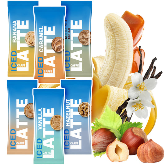Ceres Gourmets Iced Coffee Variety Pack includes 12 instant sticks in 6 flavors—banana, caramel, vanilla, hazelnut, unsweetened, and more—illustrated with tasty banana, caramel sauce, vanilla flower, and hazelnuts for single-serve enjoyment.