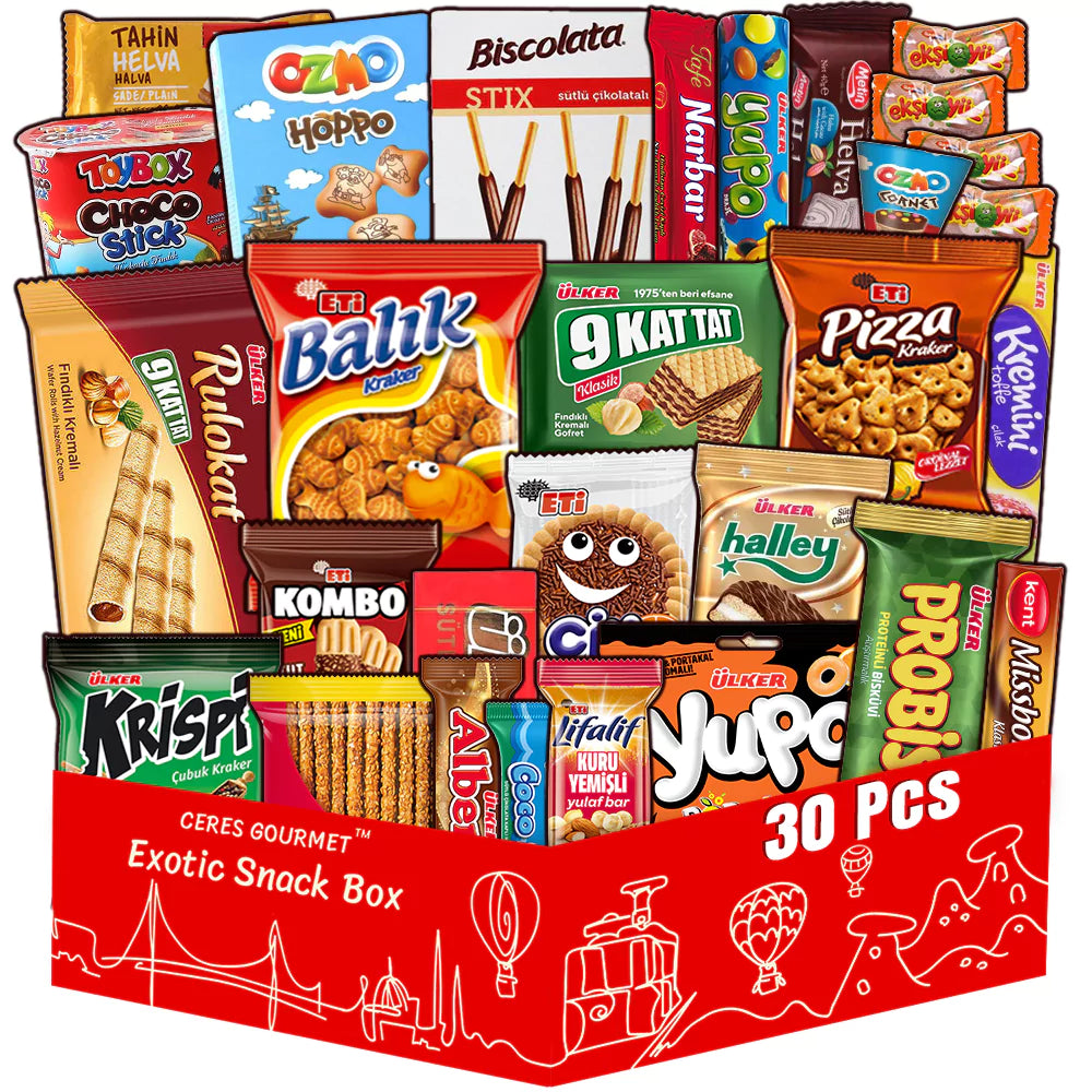 A large red box labeled Exotic Snack Box 30 Pcs is filled with assorted colorful packages of Turkish snacks, including cookies, wafers, crackers, candies, and chocolates.