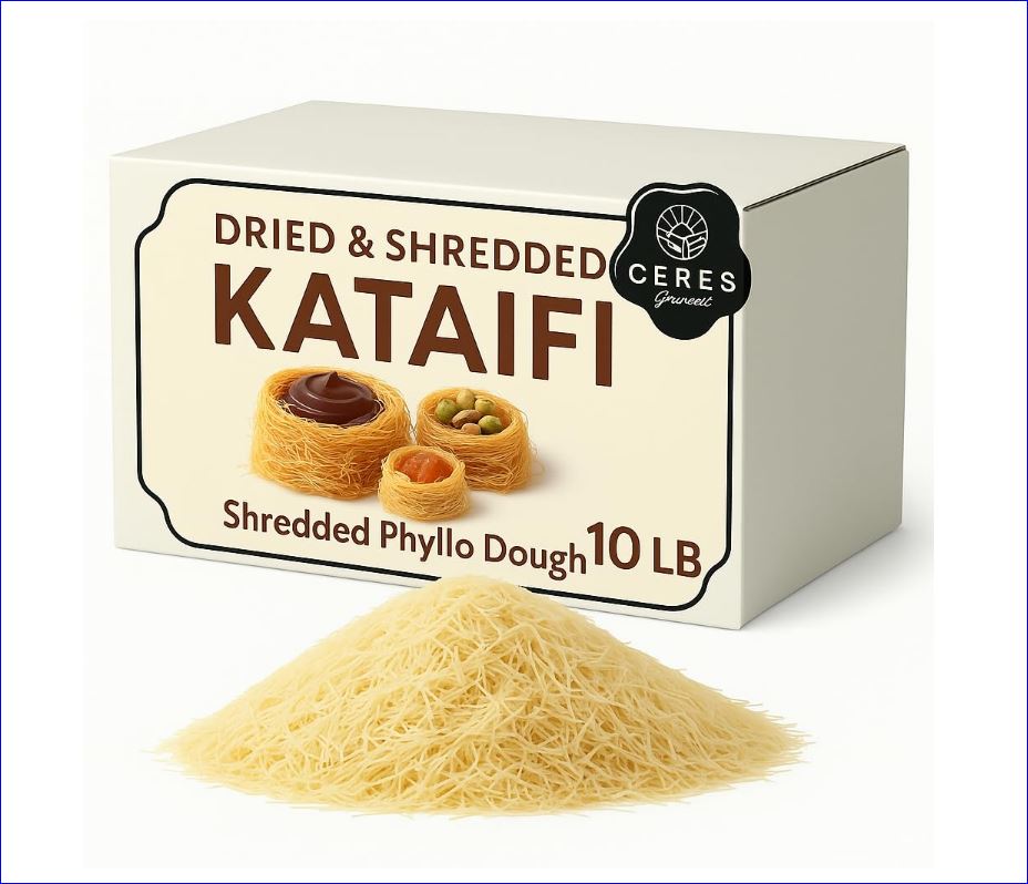 A white Ceres Gourmet box labeled Kataifi Shredded Fillo Dough 10-20-45 lb stands behind a pile of thin shredded dough. The box shows nest pastries, ideal as a base for Dubai Chocolate Pistachio Bars or other decadent desserts.