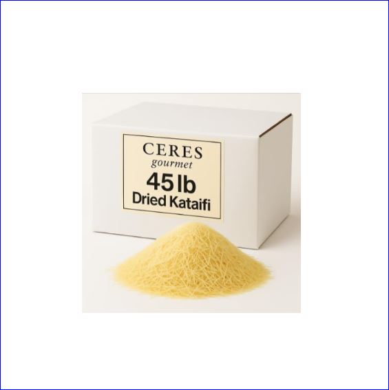 A white box labeled Ceres Gourmet Kataifi Shredded Fillo Dough 10-20-45 lb sits behind a mound of fine, yellow dough, the perfect base for Dubai Chocolate Pistachio Bars, all displayed on a white surface.