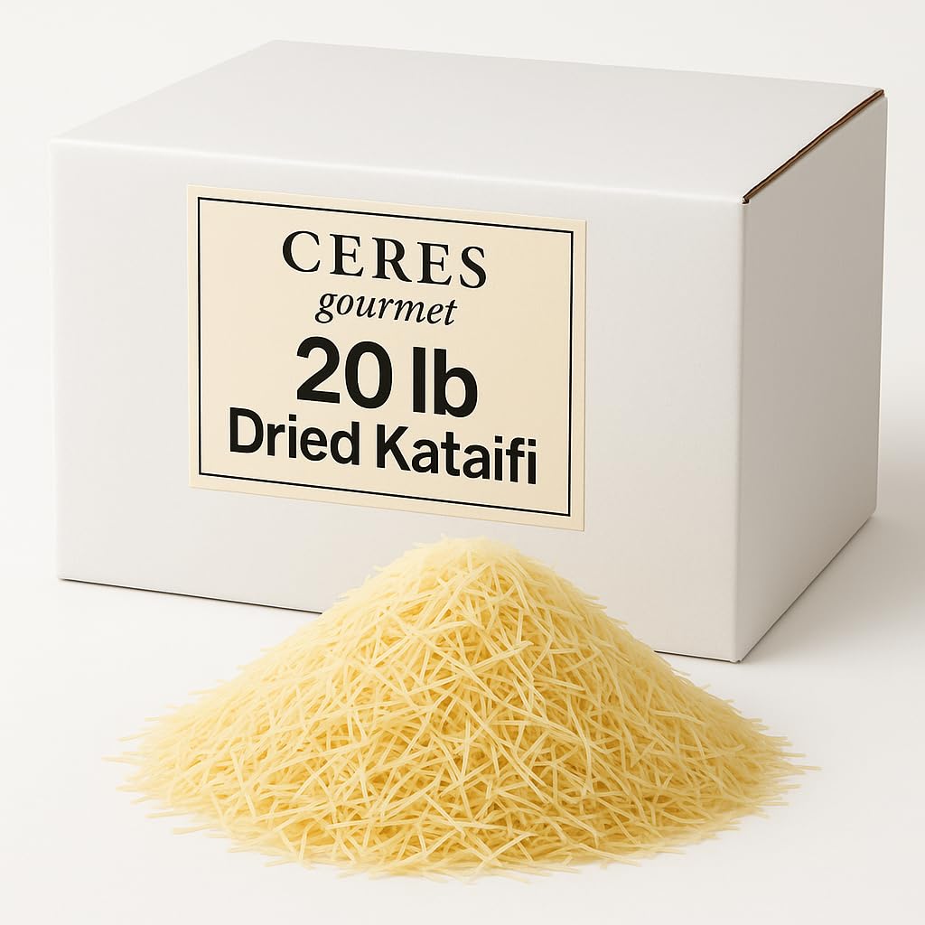 A white box labeled Ceres Gourmet Kataifi Shredded Fillo Dough (10-20-45 lb), the perfect base for Dubai Chocolate Pistachio Bars, sits behind a pile of thin kataifi dough, a classic Middle Eastern dessert ingredient.