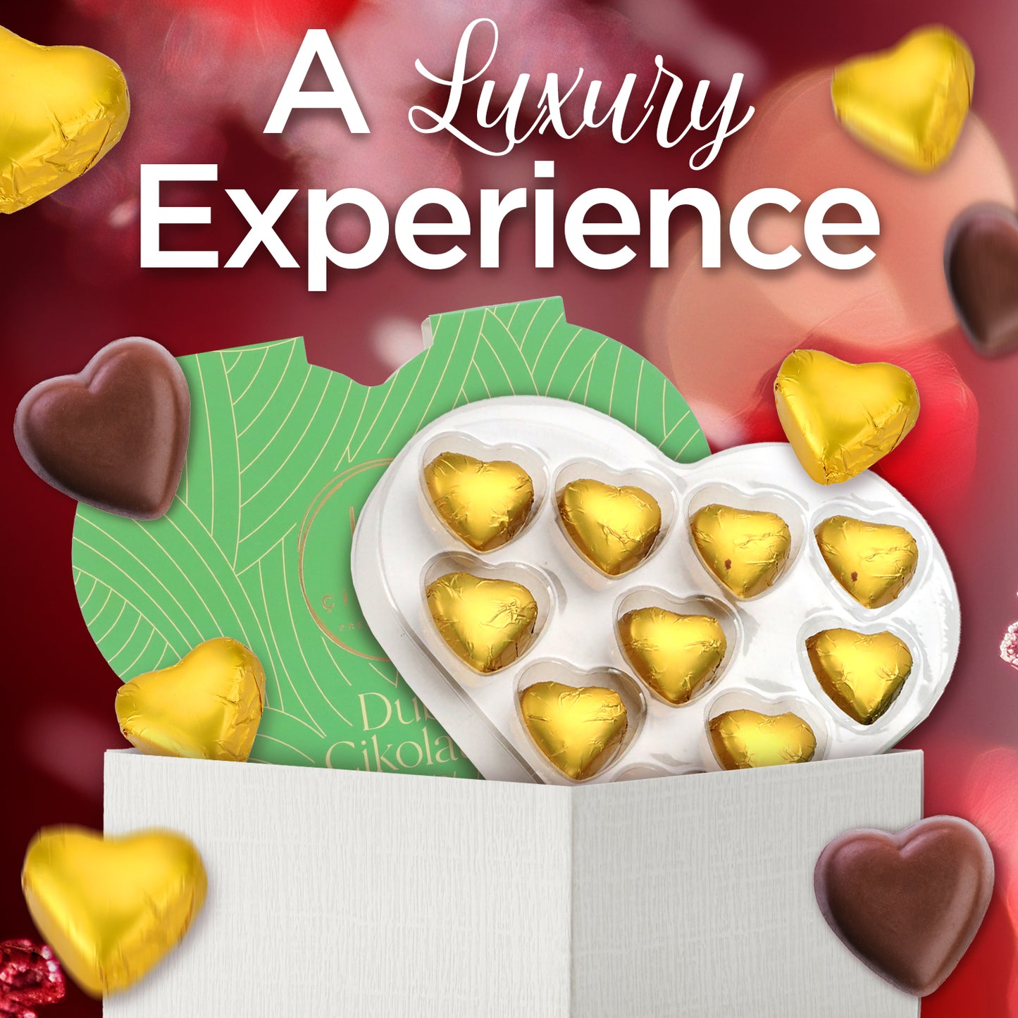An open white box reveals Love Bite Dubai Chocolate Pistachio by Ceres Gourmet—10 heart-shaped, gold-wrapped bites—against a red, festive backdrop with floating hearts and the words “A Luxury Experience.”.