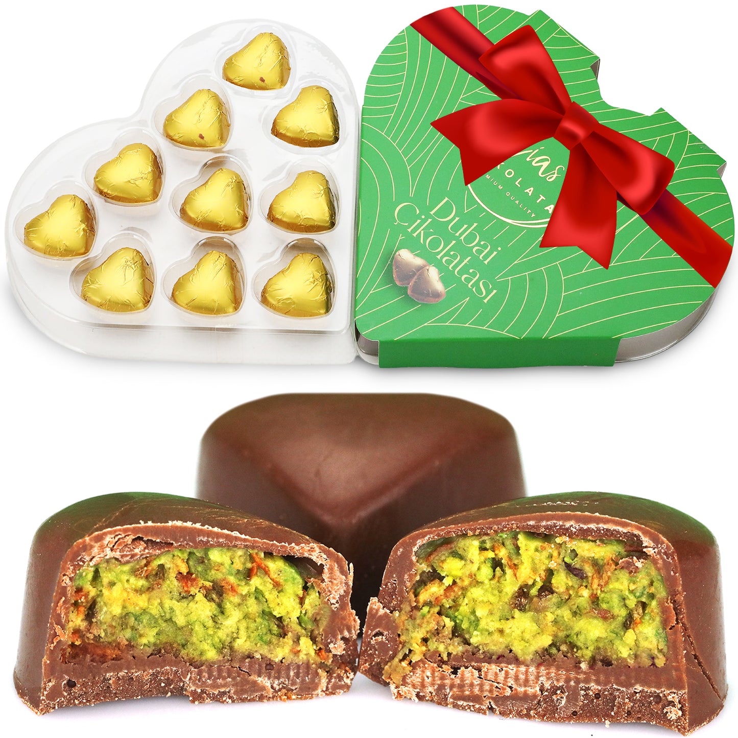 Ceres Gourmet’s Love Bite Dubai Chocolate Pistachio features 10 bite-size heart chocolates in a gift box with a red bow. Inside, each gold-wrapped heart reveals a luscious green pistachio chocolate filling.