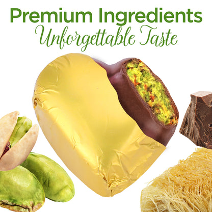 A half-unwrapped, gold-wrapped heart-shaped Love Bite Dubai Chocolate Pistachio by Ceres Gourmet—10 bite-size pieces—rests among pistachios, chocolate, and pastry. Text reads: Premium Ingredients Unforgettable Taste—Dubai’s finest pistachio chocolate.