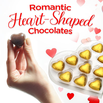 A hand holds a heart-shaped chocolate next to a gift box of Ceres Gourmet Love Bite Dubai Chocolate Pistachio, 10 bite-size pieces, with gold-wrapped chocolates and red and pink hearts in the background.