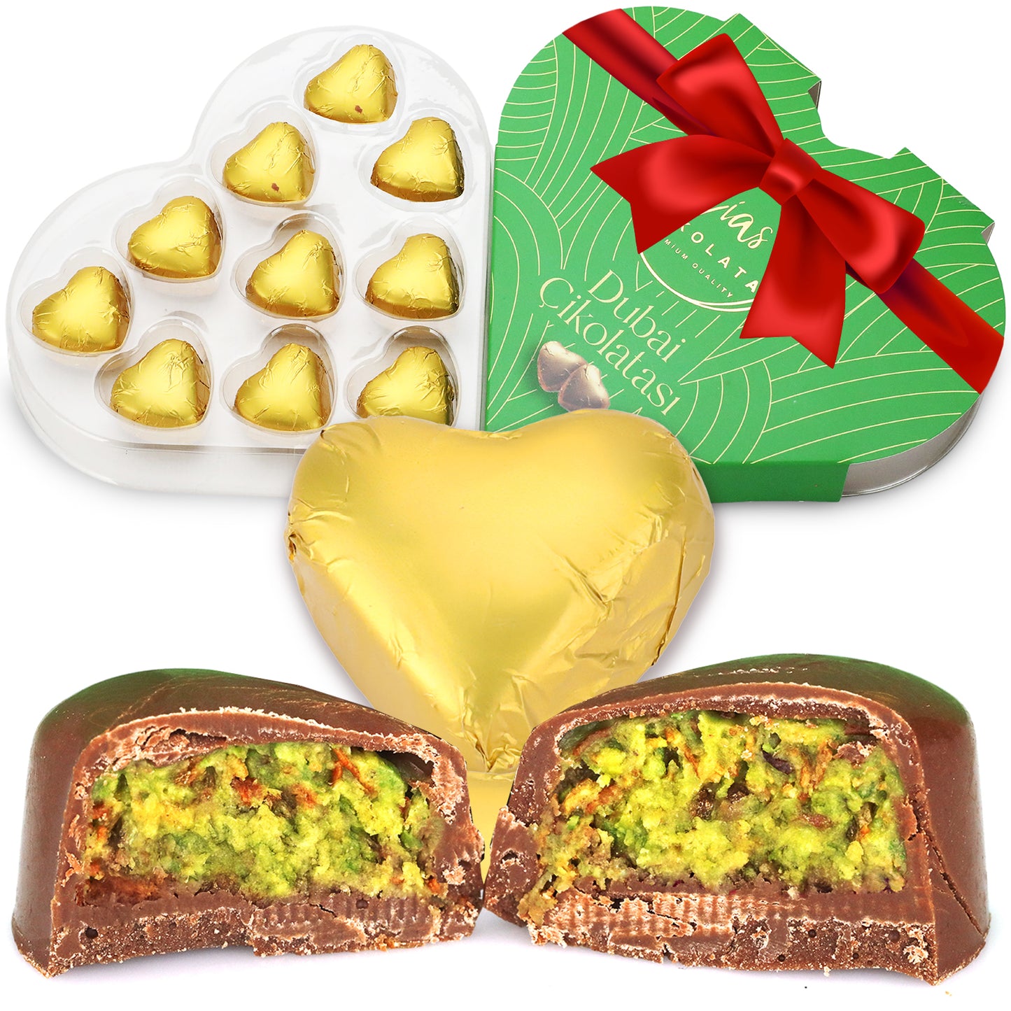 Ceres Gourmet Love Bite Dubai Chocolate Pistachio features 10 bite-size pieces in a heart-shaped green gift box with a red ribbon. One chocolate is unwrapped and halved, revealing its luxurious pistachio filling.