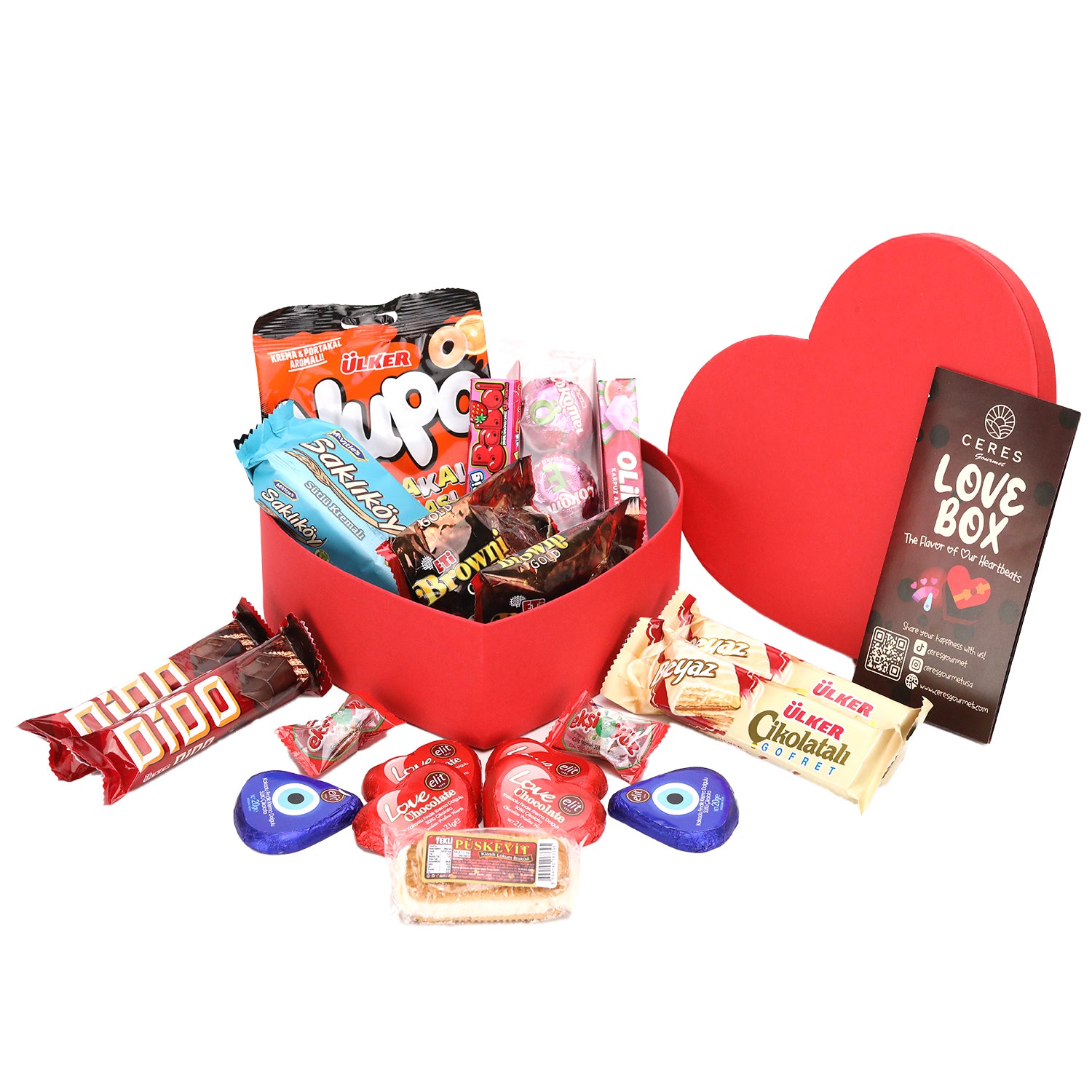 Ceres Gourmet’s Love Box International Snacks for Your Special Someone 💖 is filled with assorted Turkish snacks, candies, and chocolates—colorfully packaged treats with a “Love Box” card. A perfect Valentine’s Day gift!.