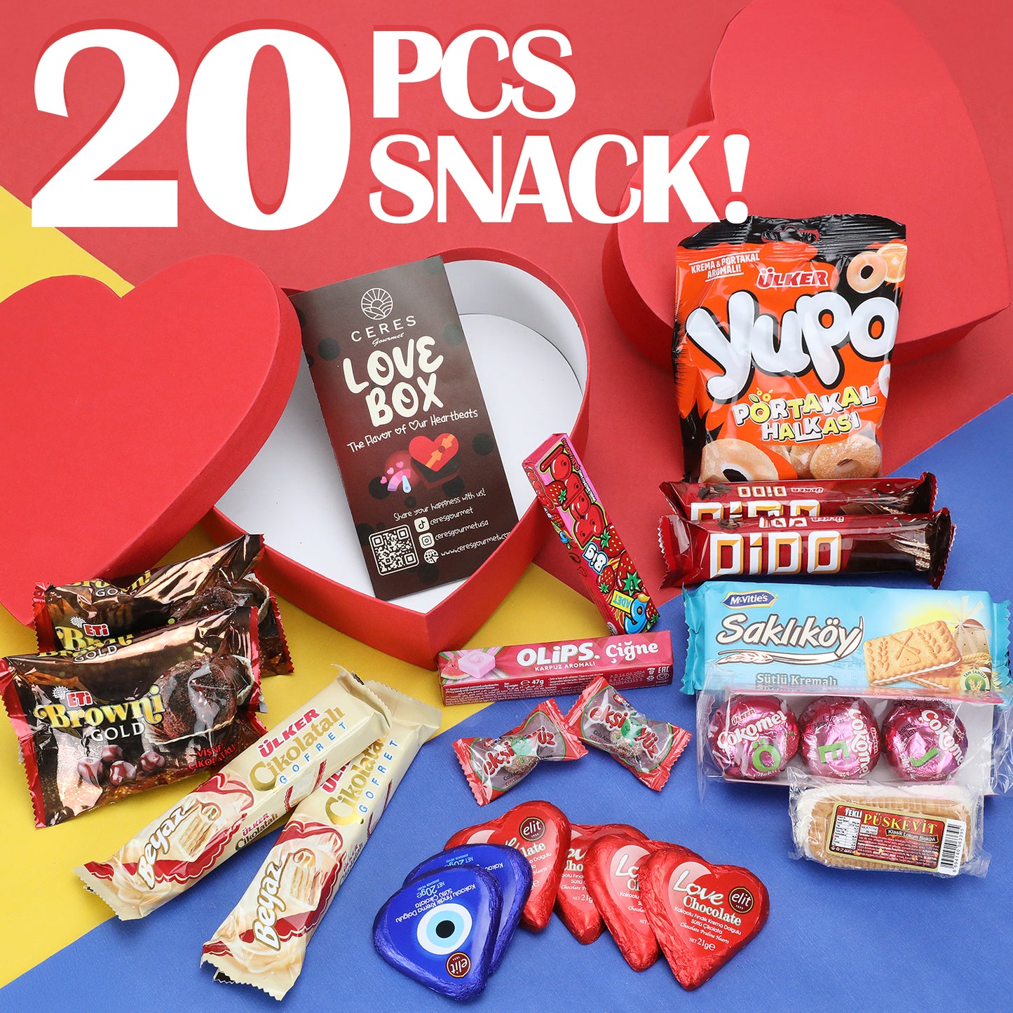 The Ceres Gourmet Love Box International Snacks for Your Special Someone 💖 features 20 assorted global treats—chocolates, wafers, and candy—in a red heart-shaped box. “20 PCS SNACK!” is displayed on a vibrant background; perfect for Valentine’s Day!.