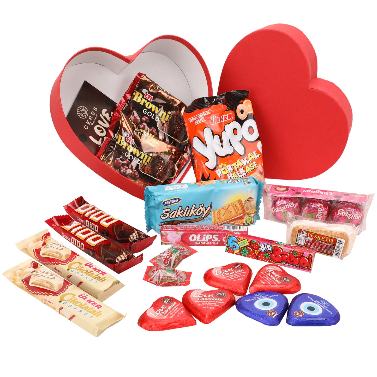 The Love Box International Snacks for Your Special Someone 💖 by Ceres Gourmet features a red heart-shaped box filled with assorted chocolates, cookies, wafers, and candies—an ideal Valentines Day gift with treats elegantly displayed and the lid propped open.