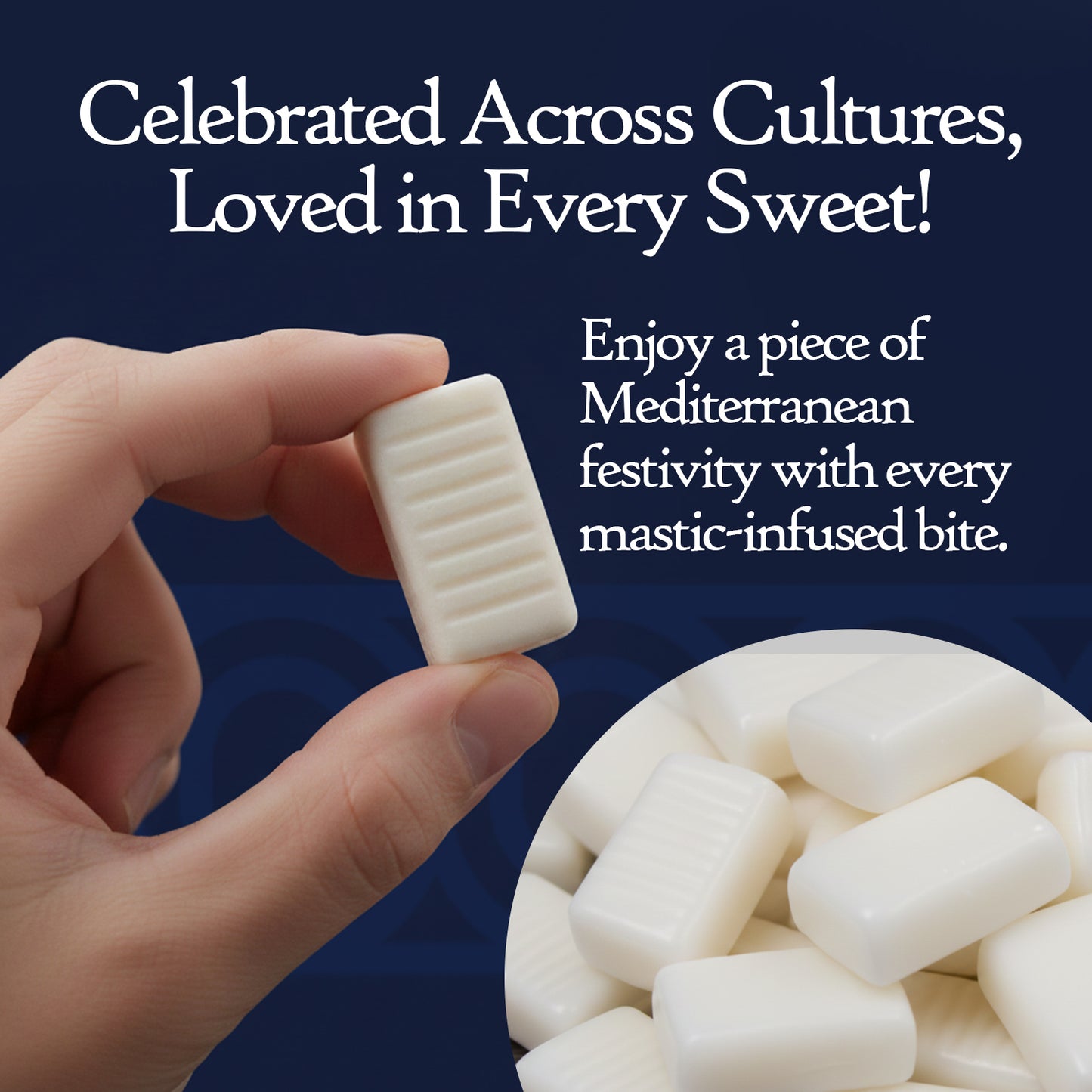 Hand holding a mastic gum piece with text about its global popularity and Mediterranean origins.