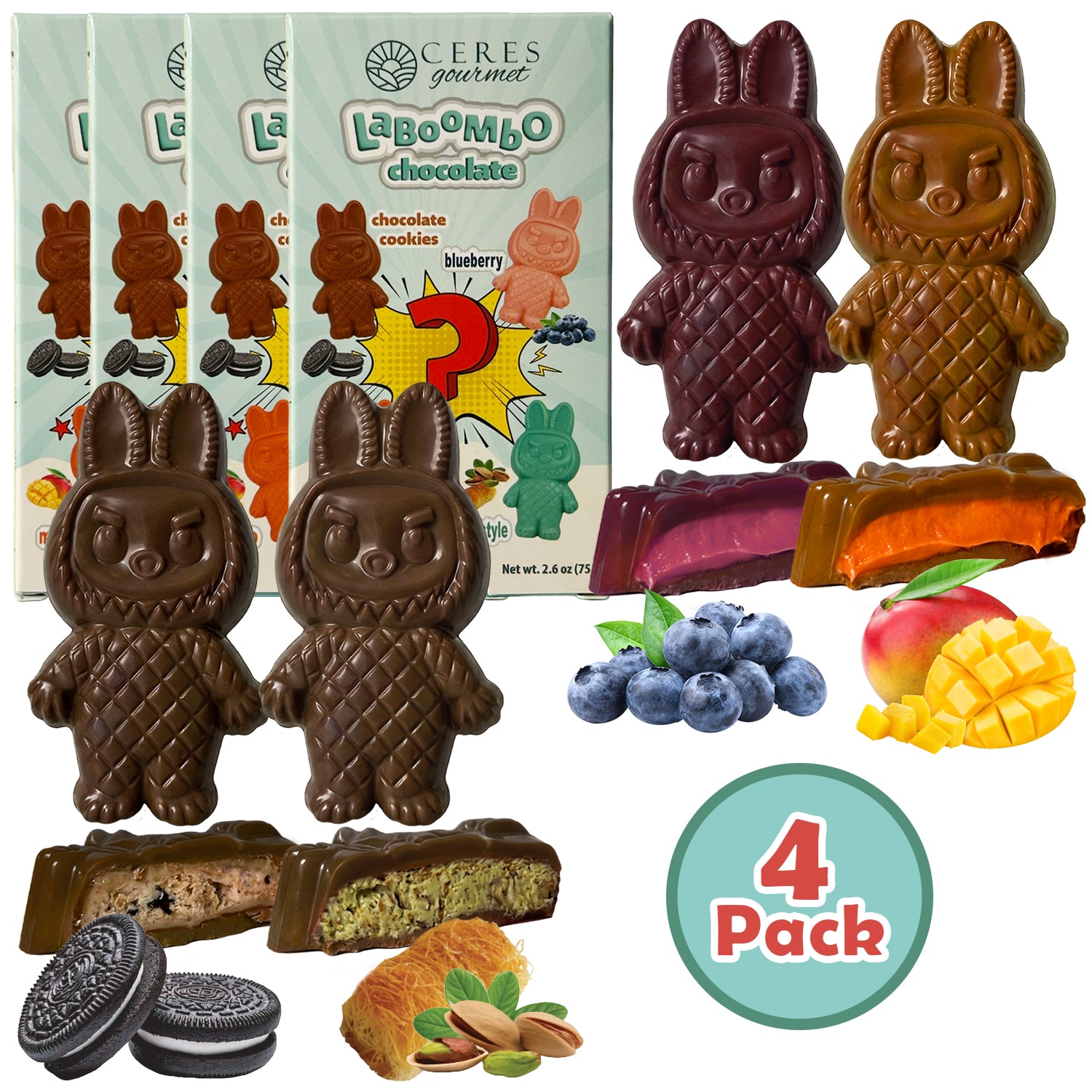 Chocolate bunny figures with packaging and assorted chocolate bars on a white background