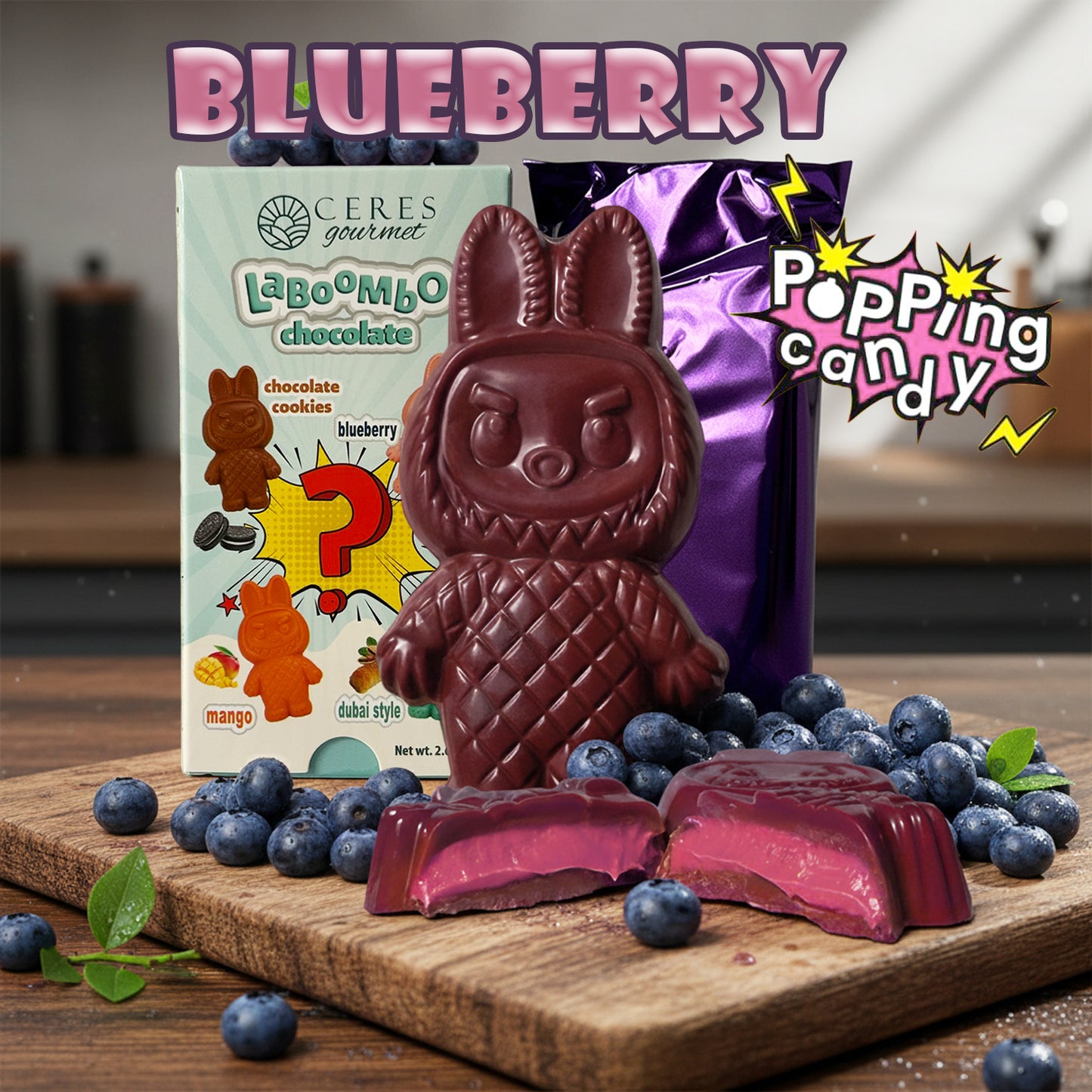 Chocolate product with blueberries on a wooden board, featuring 'Ceres' and 'Laboombo' branding.