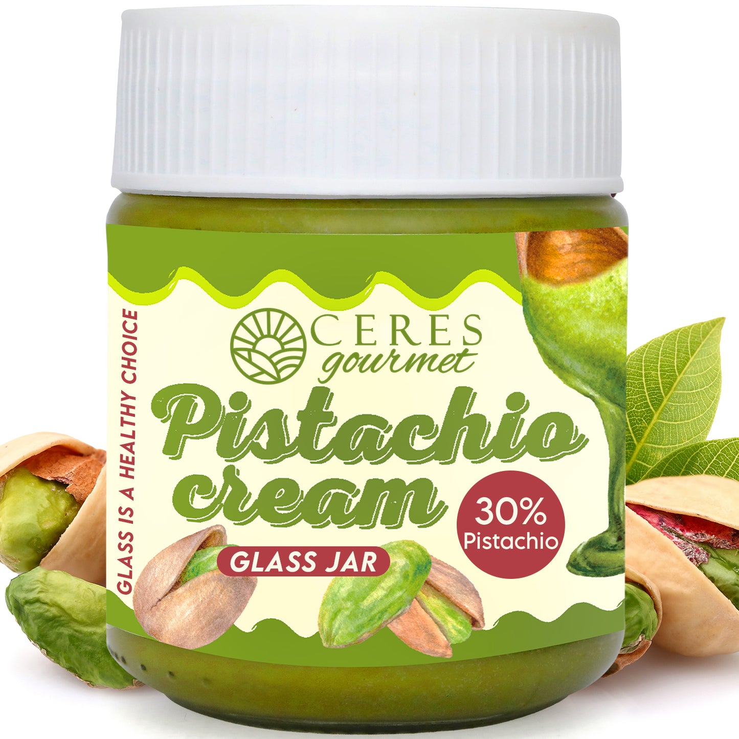 Jar of Ceres Gourmet Pistachio cream with pistachios on a white background
