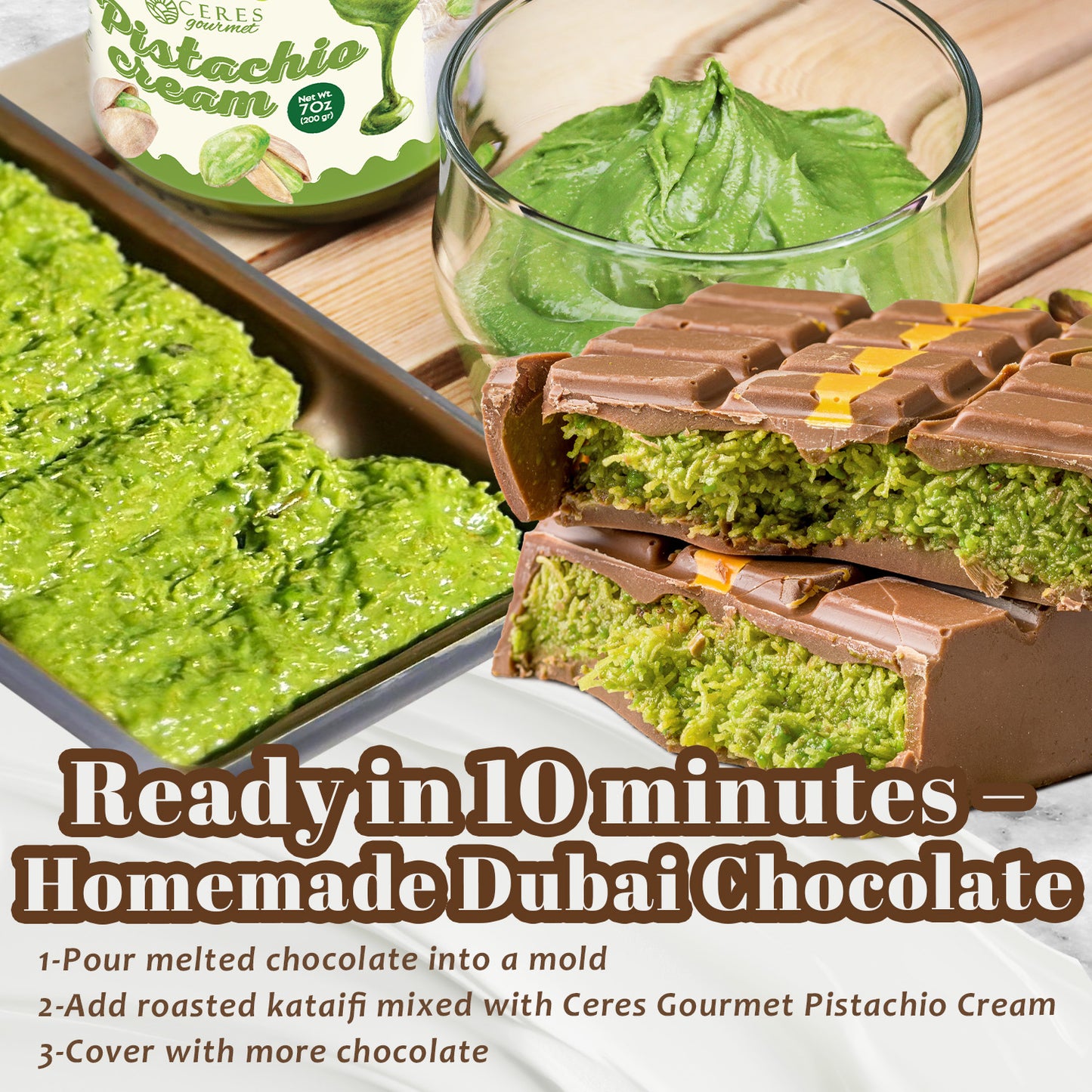 Dubai Chocolate bars with green filling and text about homemade Dubai chocolate recipe.