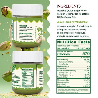 Two jars of a pistachio-flavored product with ingredient list and nutrition facts on a green background.