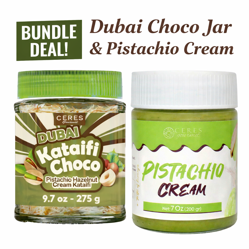 Two Ceres food products, a Kataifi Choco jar and a Pistachio Cream jar, with text indicating a bundle deal.