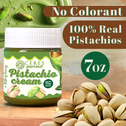 Jar of Ceres Gourmet Pistachio cream with pistachios and text indicating 'No Colorant, 100% Real Pistachios'.