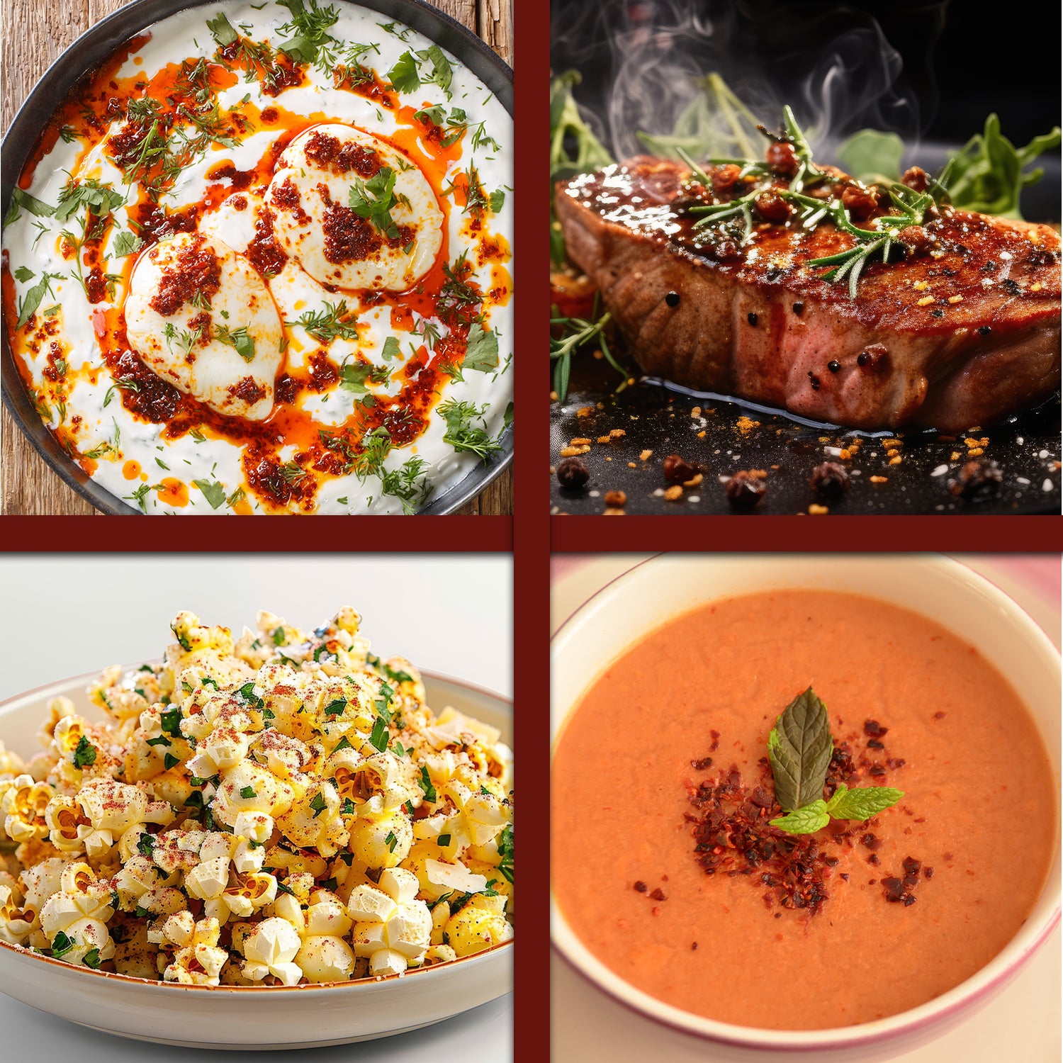 A four-image collage featuring poached eggs with Ceres Gourmet Premium Aleppo Pepper, grilled steak with rosemary, seasoned popcorn with gourmet spice, and creamy tomato soup garnished with herbs.