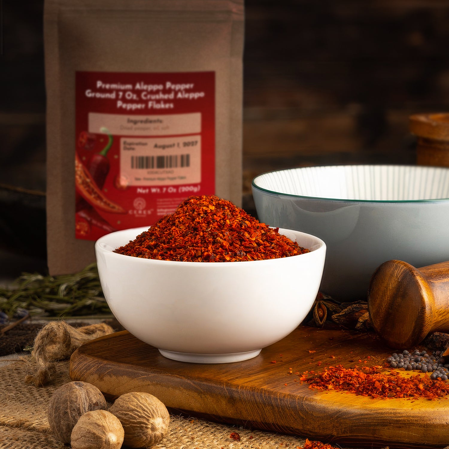 A white bowl with vibrant Ceres Gourmet Premium Aleppo Pepper 7 Oz, Freshly Ground for exquisite flavor and mild heat, sits on a rustic surface. A labeled bag highlights this gourmet spice among kitchen items in the background.