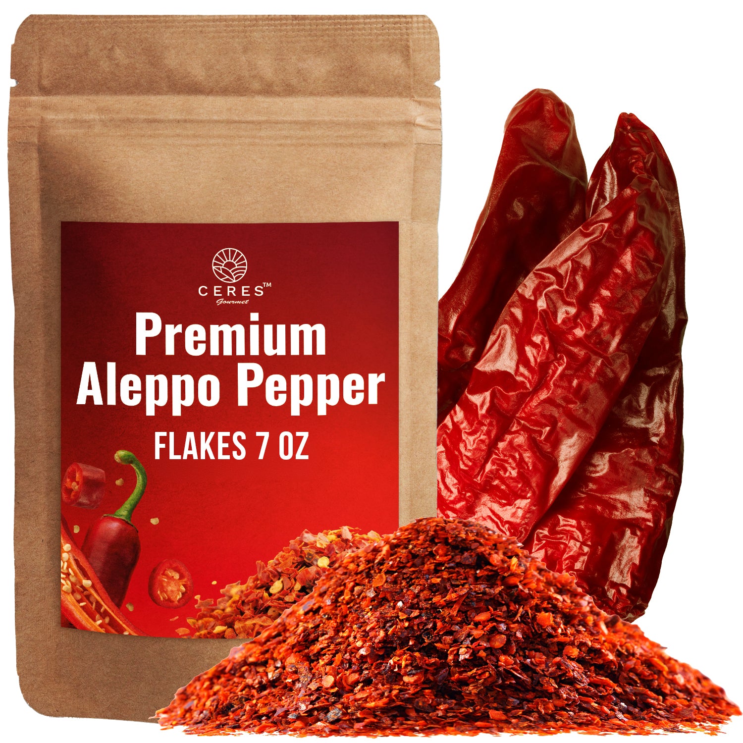 A pouch of Ceres Gourmet Premium Aleppo Pepper 7 Oz, Freshly Ground, Exquisite Flavor and Mild Heat stands beside two dried red peppers and a mound of spice. The red label features a chili pepper graphic, highlighting its authenticity.