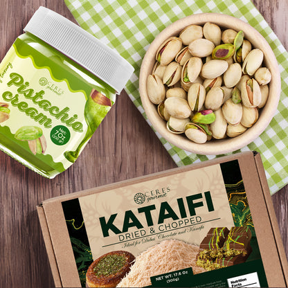 Kataifi dried and chopped pistachios with packaging on a checkered cloth