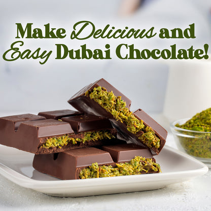 Chocolate bars with green filling on a white plate, text 'Make Delicious and Easy Dubai Chocolate!' above.