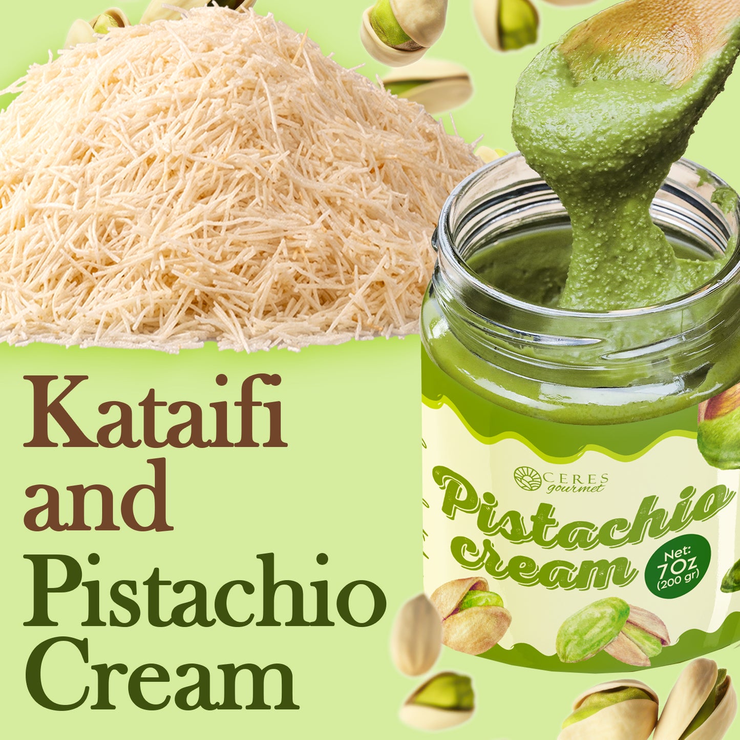 Jar of pistachio cream with kataifi noodles and pistachios on a green background