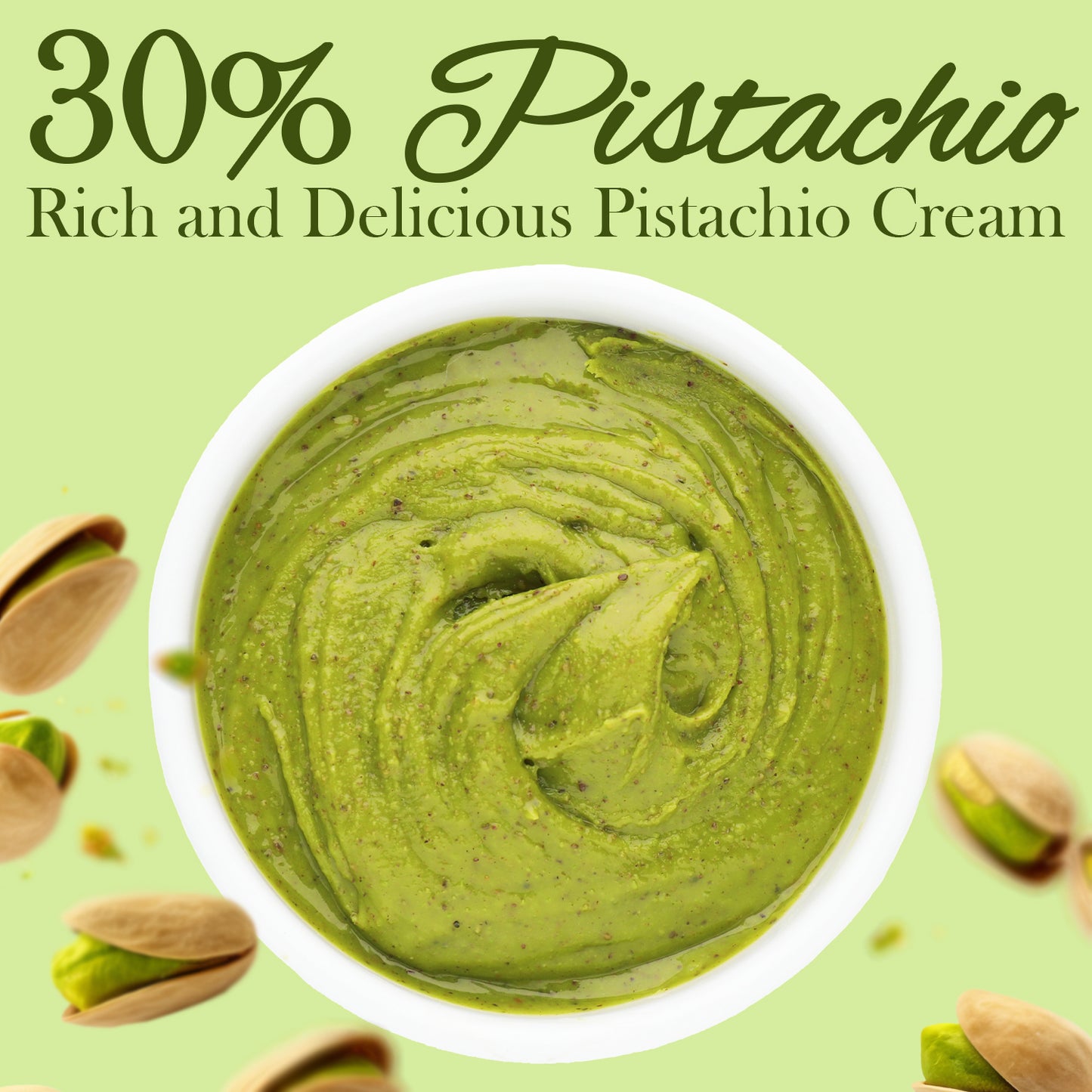 Green pistachio cream in a white bowl with pistachios on a green background